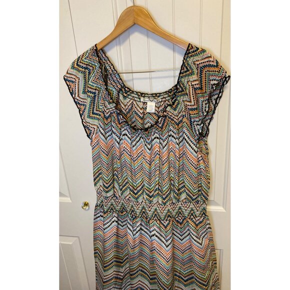 Christine Multicolor Zigzag Print Ruffle Cap Sleeve Dress L - Picture 3 of 5